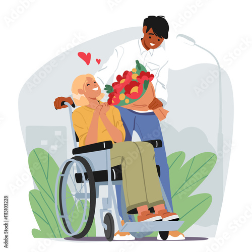 Young enamored guy giving flower bouquet for girlfriend sitting in wheelchair on first date