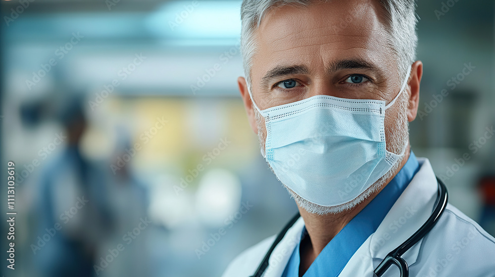 Portrait of a middle-aged male doctor wearing a face mask, standing in a hospital and looking at the camera Portrait of a middle-aged male doctor wearing a face mask, standing in a hospital and looking at the camera