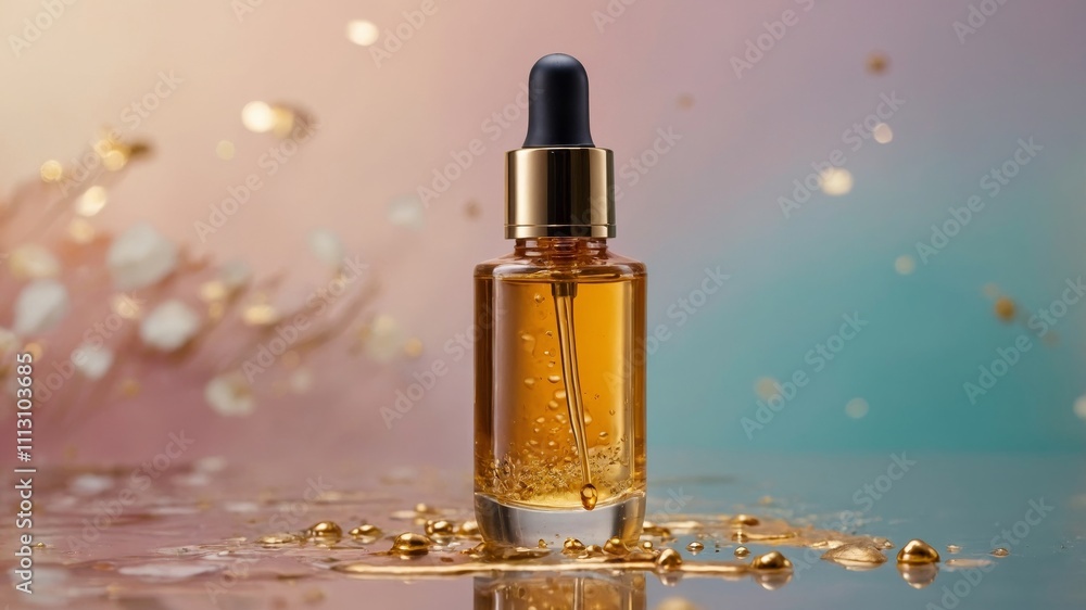 Skincare serum dropper with gold liquid display Skincare serum dropper with gold liquid display