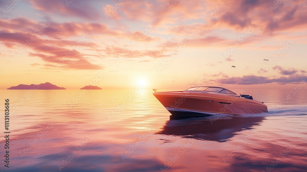 A luxury motorboat glides across the calm dawn sea, surrounded by glowing hues and serene ambiance. A luxury motorboat glides across the calm dawn sea, surrounded by glowing hues and serene ambiance.