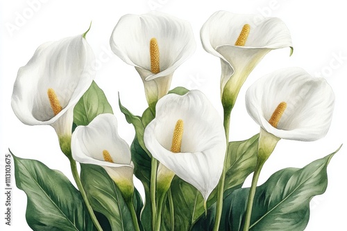 A bouquet of elegant white calla lilies surrounded by lush green leaves.
