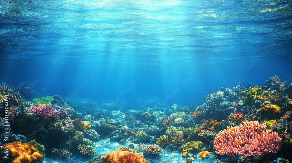 Fototapeta premium A coral reef restoration project under clear blue waters illustrates efforts to mitigate global warming effects on marine life.