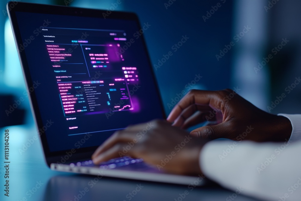 African male adult working on coding project at night with neon screen African male adult working on coding project at night with neon screen