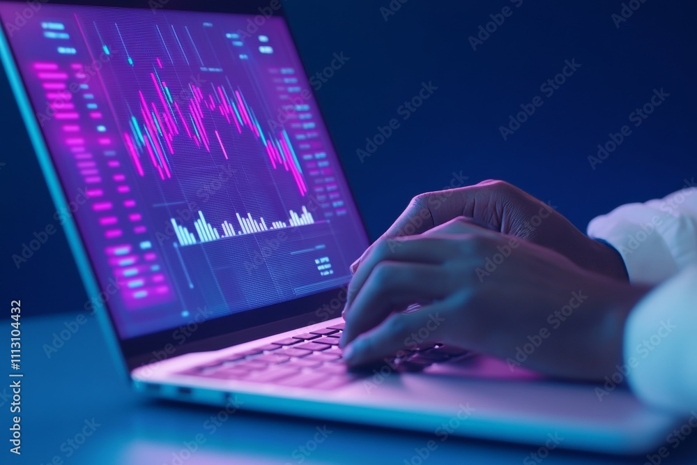 Asian female analyzing financial data on laptop with stock market graphs displayed Asian female analyzing financial data on laptop with stock market graphs displayed