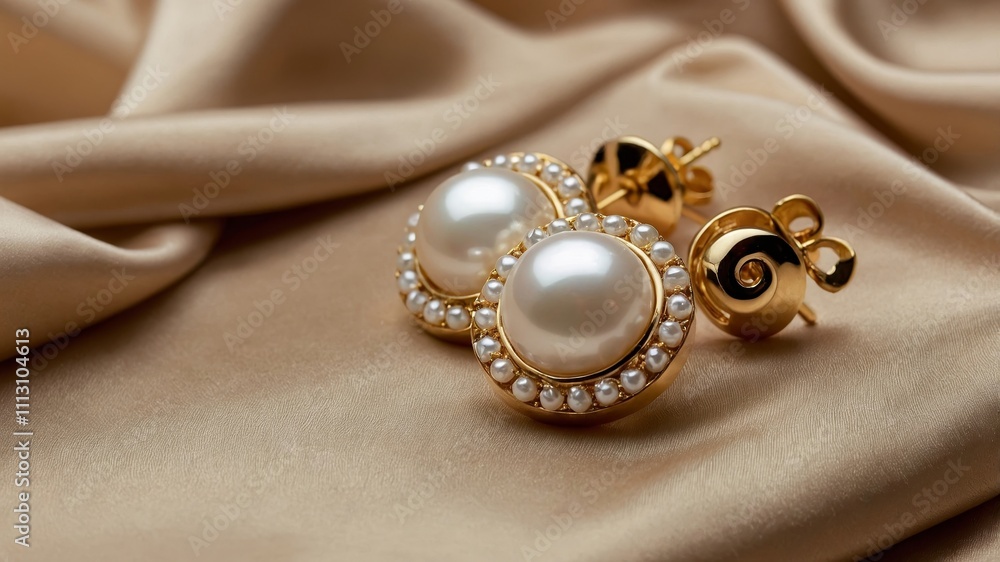 Stylish pearl earrings on glossy beige silk Stylish pearl earrings on glossy beige silk