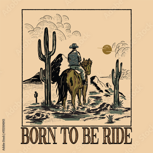 cowboy illustration  graphic design cactus vintage desert t shirt badge drawing landscape guitar rider west sun horse
