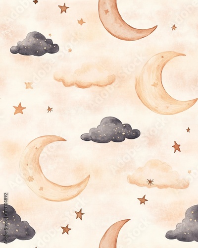 Whimsical Watercolor Moons and Stars Pattern photo