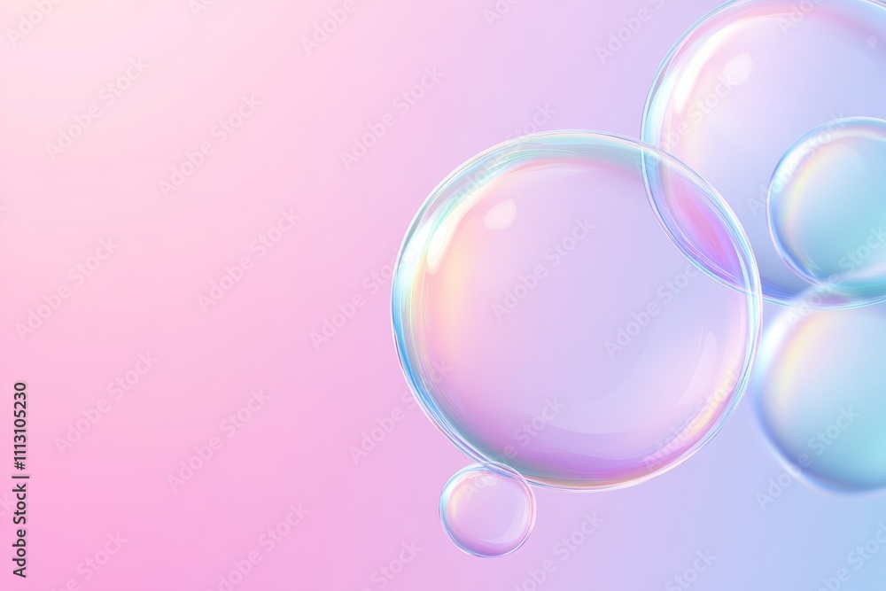 Obraz premium Colorful iridescent soap bubbles on soft pastel background
