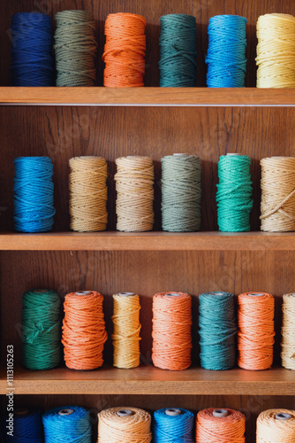 Colorful Spools of Twine on Wooden Shelves photo