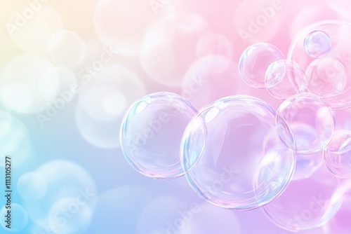 Iridescent soap bubbles on pastel gradient background