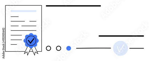 Official document with checkmark badge, blue and black lines, and checkmark in circle. Ideal for certification, approval, verification, quality assurance, authorization, documentation official