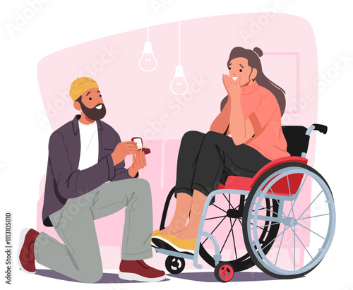 Young man making proposition with engagement ring to confused woman with inclusion cartoon scene