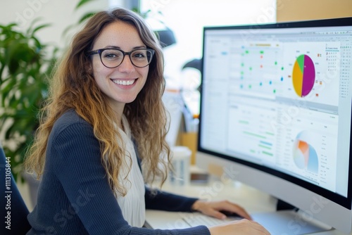 Confident professional woman working on computer with data analysis charts in modern office, smiling at camera, business success concept