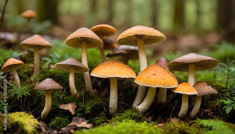Close-Up of Forest Mushrooms, Mushrooms in Lush Forest Habitat Close-Up of Forest Mushrooms, Mushrooms in Lush Forest Habitat