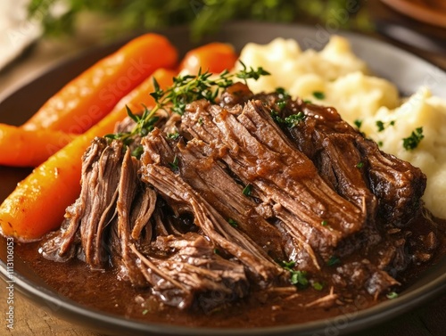 A hearty plate of pot roast with carrots and mashed potatoes, garnished with herbs.