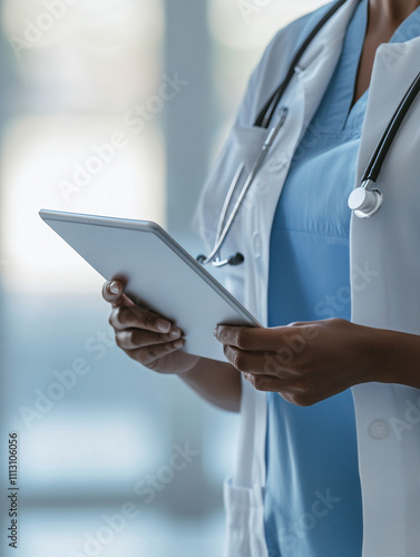 Doctor holding digital tablet, close-up view, medical professional in hospital, healthcare technology in modern medicine setting, healthcare concept