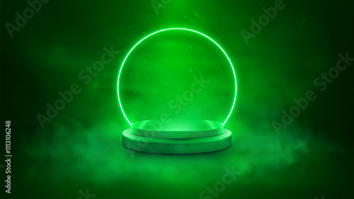 Empty green podium with glowing green neon ring on bright smoky background. Isolated bright scene for your product. Vector illustration
