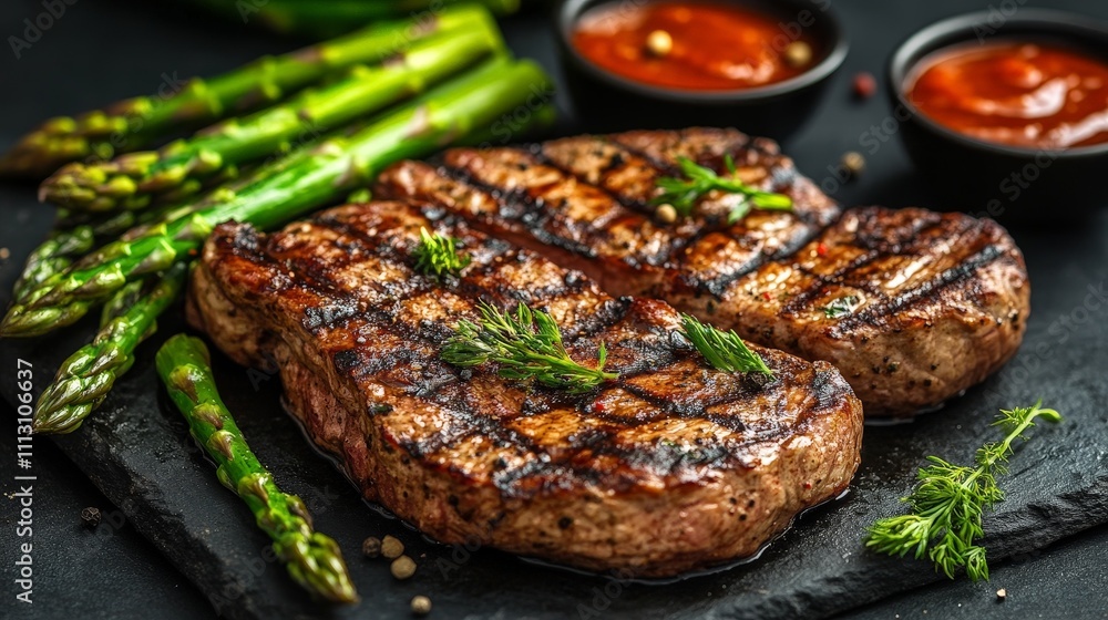 Grilled steak served with asparagus and dipping sauce on a slate platter. Grilled steak served with asparagus and dipping sauce on a slate platter.