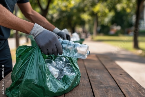 Wallpaper Mural An individual sorts plastic bottles into a green bag, highlighting the importance of recycling and the contributions of people towards maintaining a cleaner environment. Torontodigital.ca