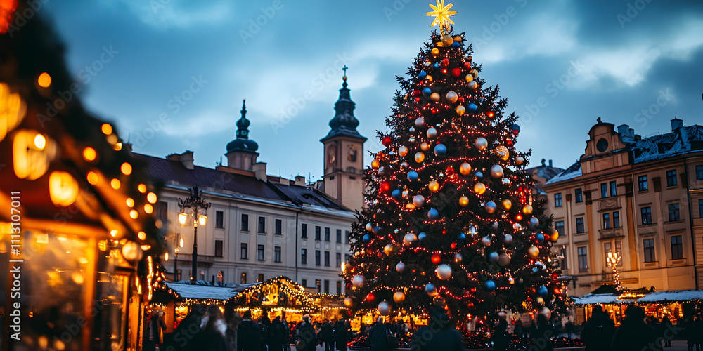 Naklejka premium A large Christmas tree decorated with colorful lights stands majestically in the middle of the town square. Christmas tree concept.