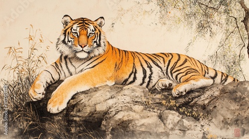 A majestic tiger resting on a rock with a serene expression.