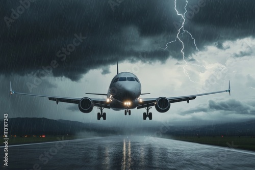 Airplane landing during thunderstorm with dramatic lightning and rainy weather photo