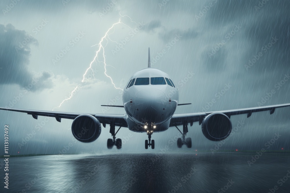 Obraz premium Airplane landing in stormy weather with lightning striking in the background