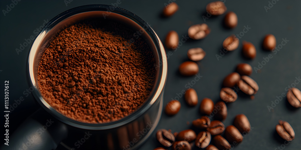 The portrait is filled with ground coffee and scattered beans, against a simple background. Coffee Concept. The portrait is filled with ground coffee and scattered beans, against a simple background. Coffee Concept.