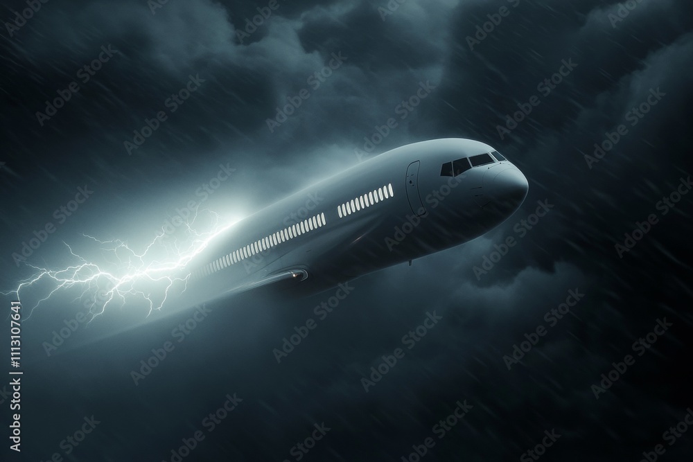 Airplane flying through intense thunderstorm with lightning and heavy rain at night Airplane flying through intense thunderstorm with lightning and heavy rain at night