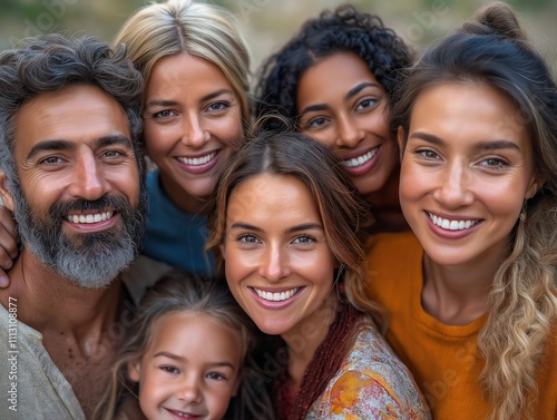 Diverse family group smiles happily for photo. Grandparents parents children and other relatives are together. Family members show joy and happiness. Outdoor shot. Friendly and loving family portrait.
