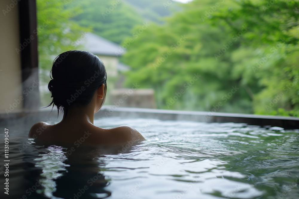 自然に囲まれた露天風呂でリラックスする女性 自然に囲まれた露天風呂でリラックスする女性