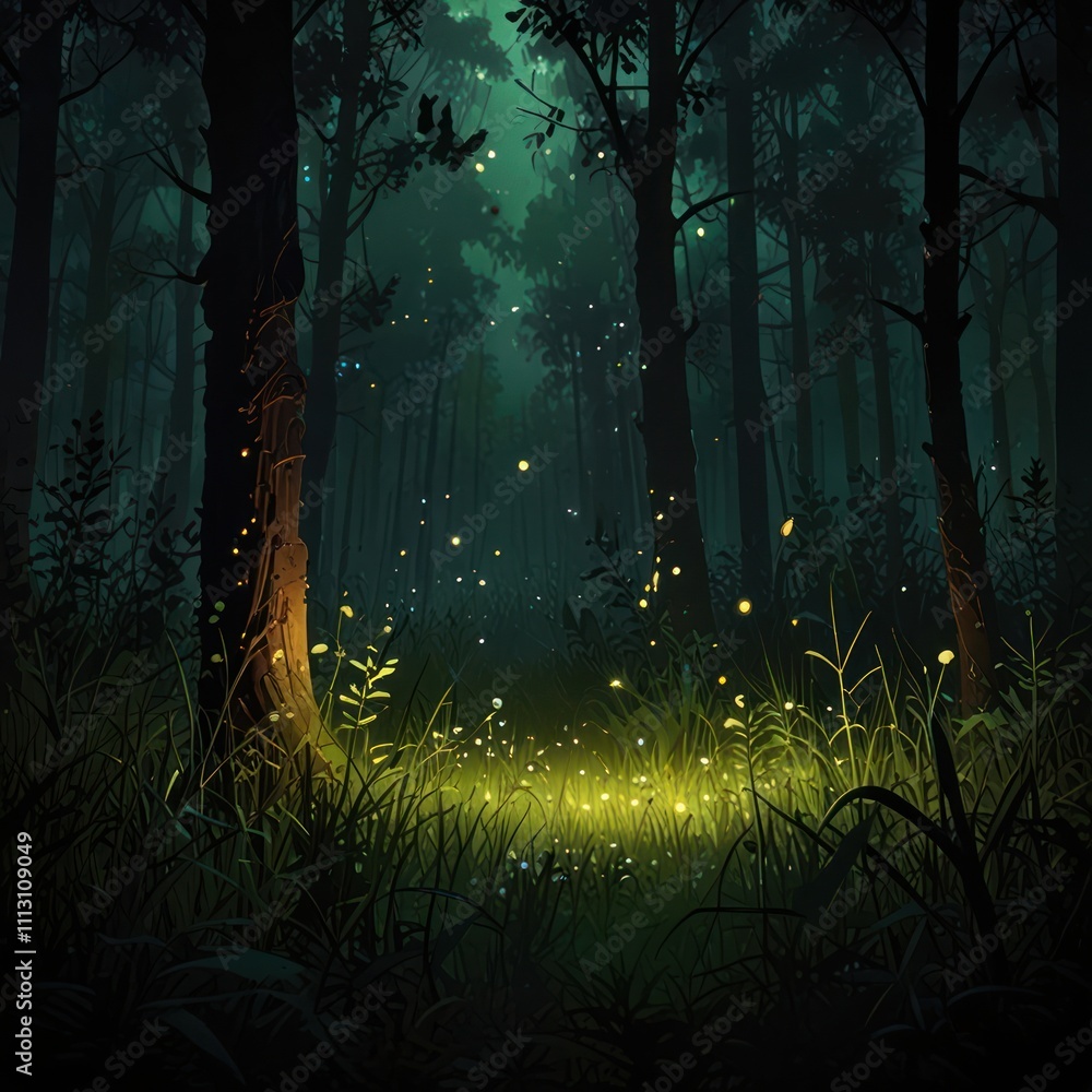 Enchanting fireflies illuminate a mystical forest path at night. Enchanting fireflies illuminate a mystical forest path at night.