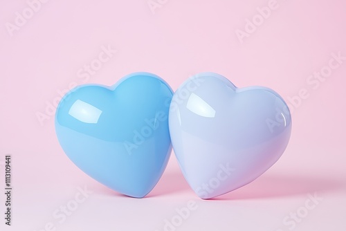 Two glossy heart-shaped balloons on soft pink background