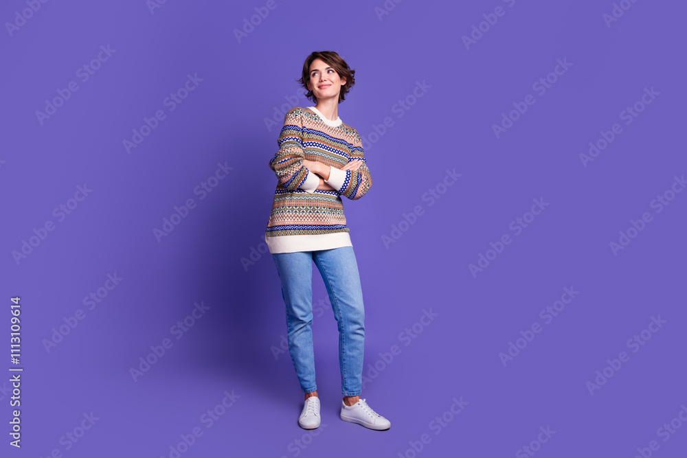 Photo of charming confident woman dressed stylish clothes folded arms empty space isolated on purple color background Photo of charming confident woman dressed stylish clothes folded arms empty space isolated on purple color background