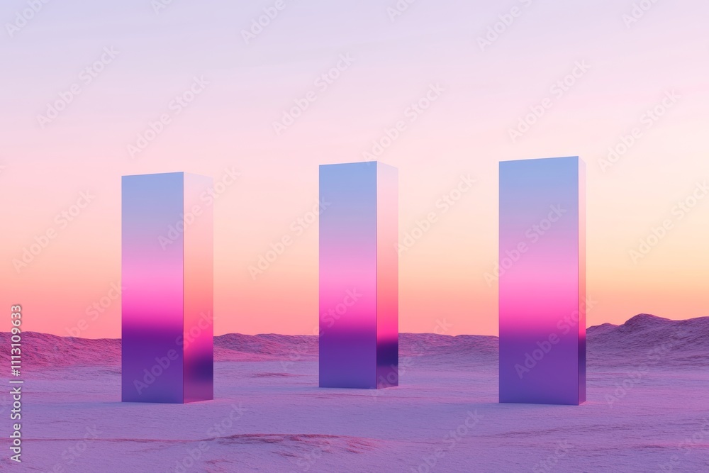 Surreal pink and purple monoliths in desert at sunset Surreal pink and purple monoliths in desert at sunset