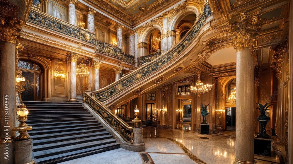 Obraz premium Opulent Baroque-style luxury hotel lobby, gilded details, grand staircase, marble floors,