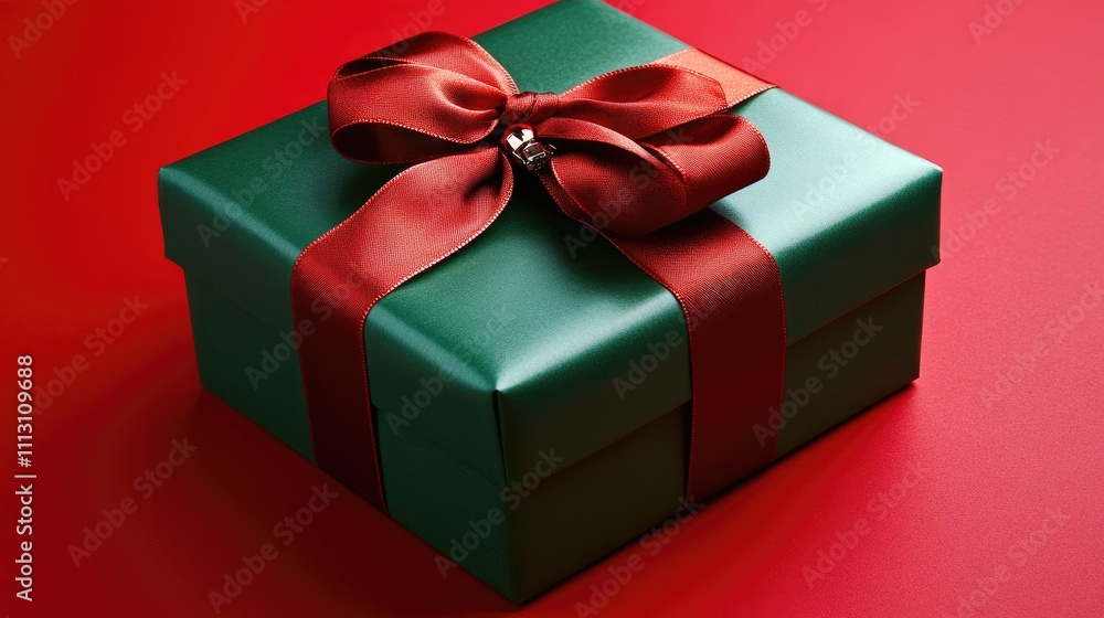 A green gift box with a red ribbon, symbolizing celebration and giving. A green gift box with a red ribbon, symbolizing celebration and giving.
