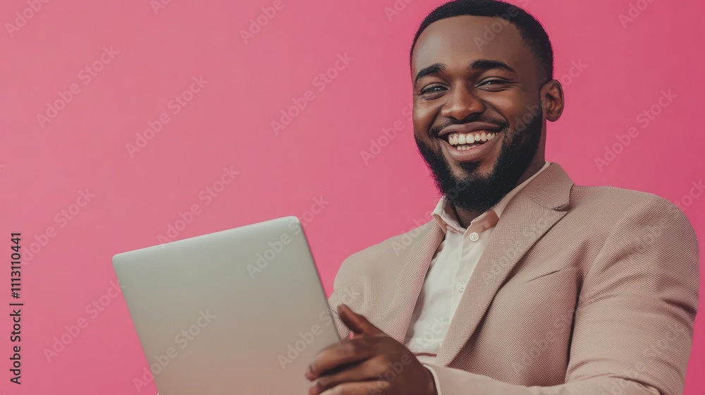 Happy African American businessman having a video chat on a laptop, isolated on a pink background, reflecting positive communication Happy African American businessman having a video chat on a laptop, isolated on a pink background, reflecting positive communication