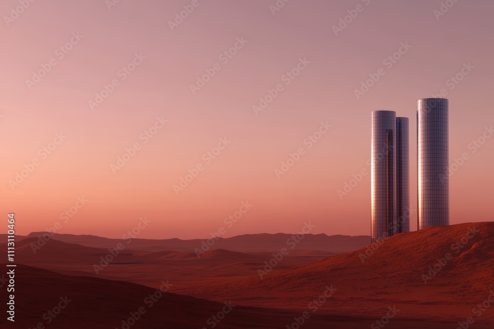 Futuristic twin towers in a vast desert landscape at sunset Futuristic twin towers in a vast desert landscape at sunset