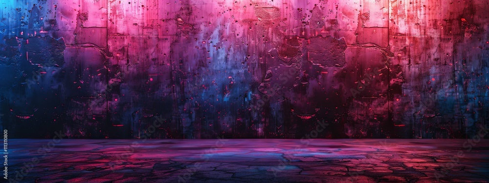 Neon-lit grunge concrete wall and cracked floor background Neon-lit grunge concrete wall and cracked floor background