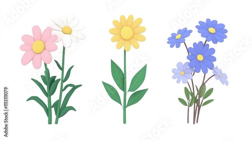 Three colorful stylized flowers with green leaves on a white background.