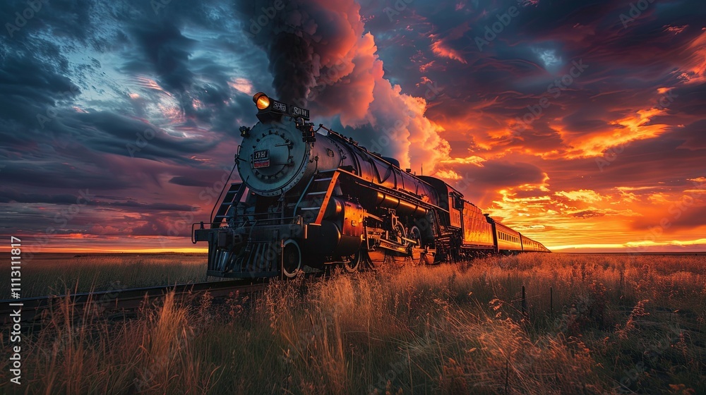 Majestic Steam Locomotive at Sunset, Rolling Across the Prairie Majestic Steam Locomotive at Sunset, Rolling Across the Prairie