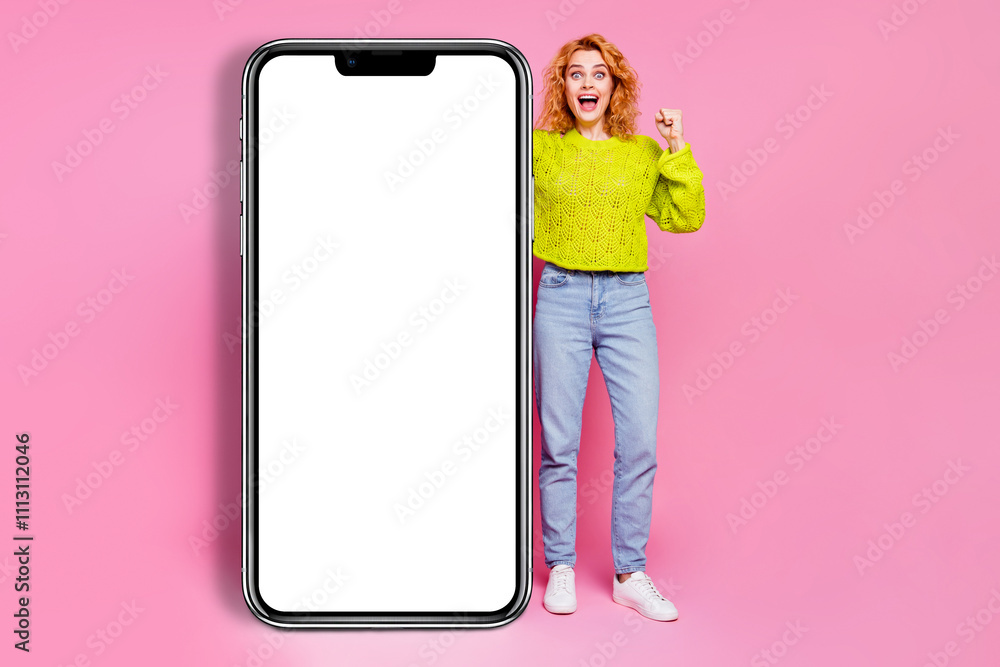 Φωτογραφία Photo of cheerful woman wear trendy green clothes yes fist poster board empty sp