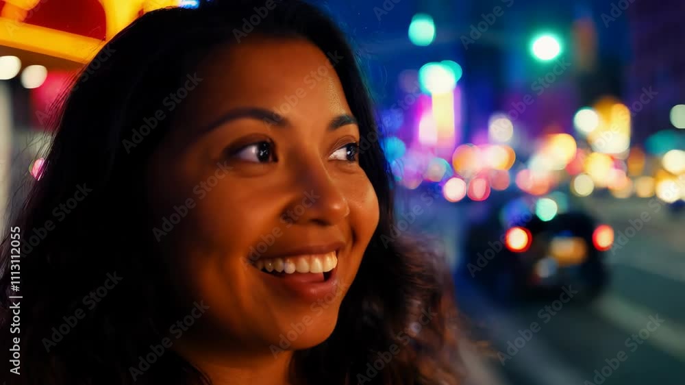 A Hispanic woman enjoys a cheerful evening walk in a bustling city center surrounded by colorful lights and traffic A Hispanic woman enjoys a cheerful evening walk in a bustling city center surrounded by colorful lights and traffic