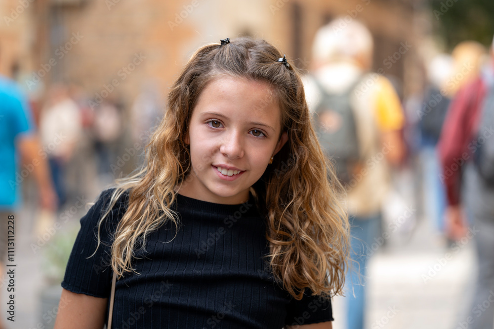 Portrait of a Smiling Girl in a Busy Street Portrait of a Smiling Girl in a Busy Street