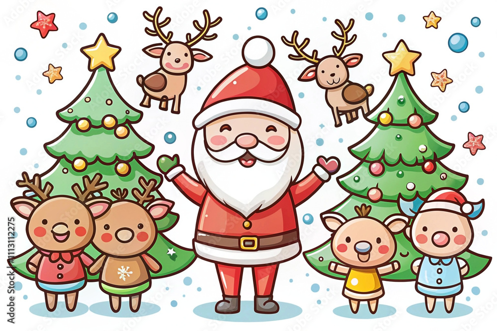 Cheerful Santa Claus with Reindeer and Christmas Trees. Cheerful Santa Claus with Reindeer and Christmas Trees.