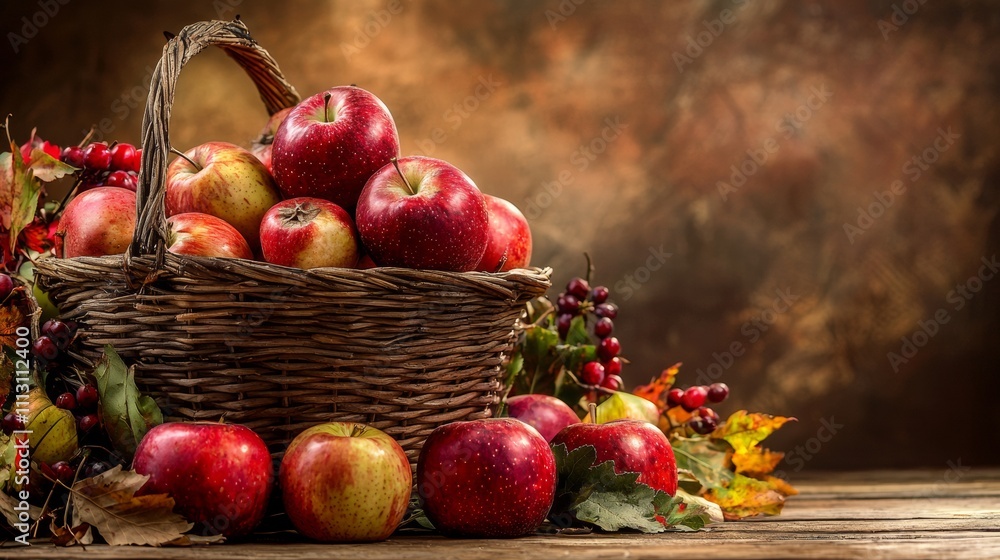 Basket of red apples surrounded by autumn leaves and berries Basket of red apples surrounded by autumn leaves and berries