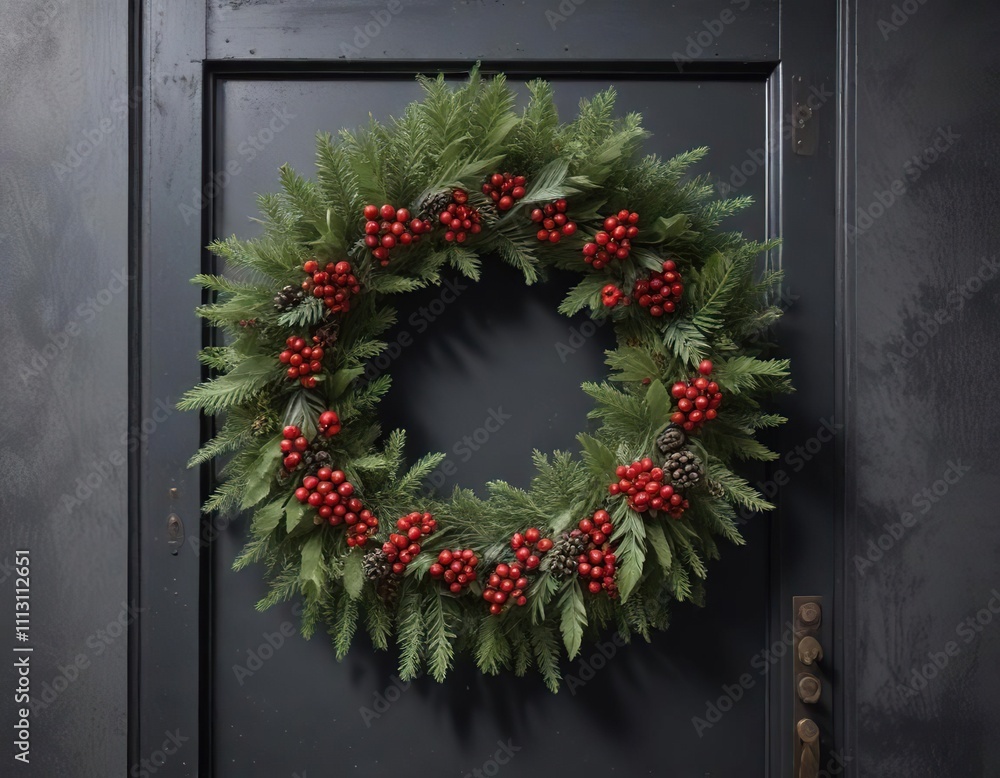 A beautiful winter wreath featuring fir branches, holly, and red berries on a metal door, metal, holly