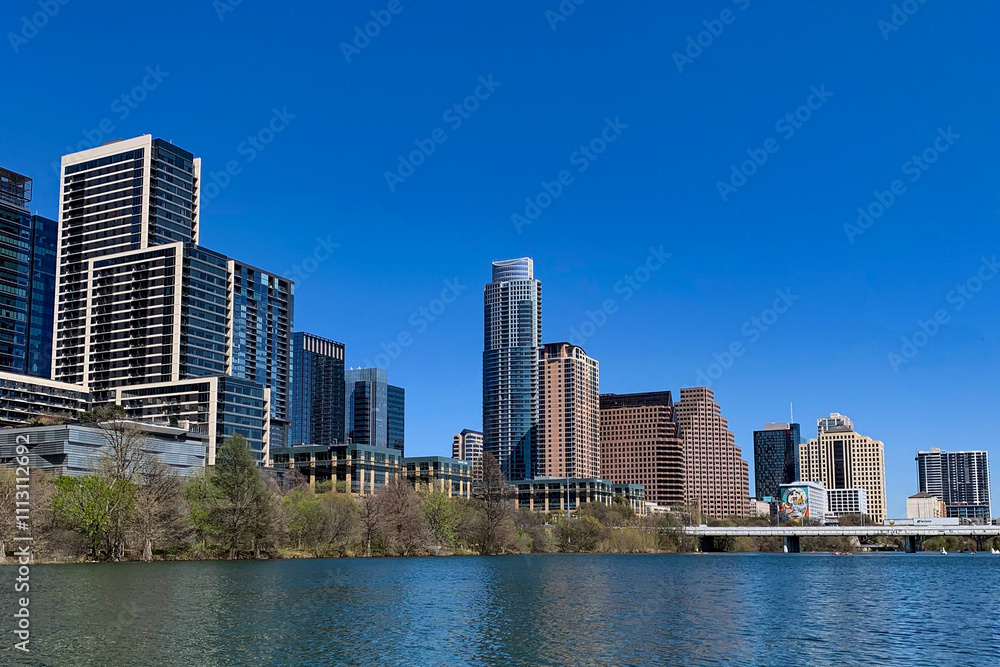Fototapeta premium Austin Skyline and Trees by Lady Bird Lake in Fall/Winte
