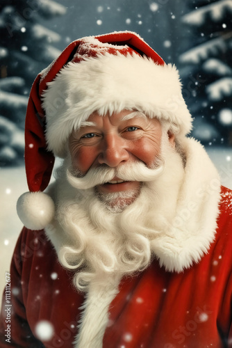 Smiling Santa Claus  outdoor closeup portrait with lightly snow